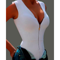 Zip Front V-Neck Sleeveless Bodysuit - white