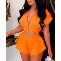 Zip Up Hooded Crop Top & Shorts Set - orange