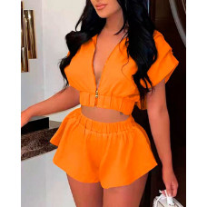 Zip Up Hooded Crop Top & Shorts Set - orange