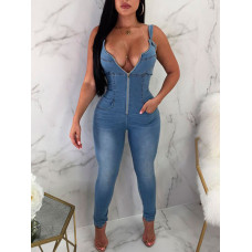 Zipper Button Cutout Back Pocket Denim Jumpsuit - dark blue