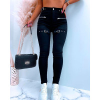 Zipper Button Design Buckled Pants - black