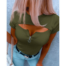 Zipper Decor Cutout O Neck Top - green