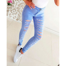 Zipper Decor Cutout Ripped Skinny Jeans - blue