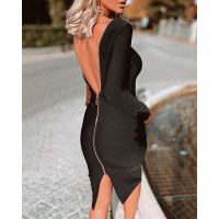 Zipper Design Backless Slit Bodycon Dress - black