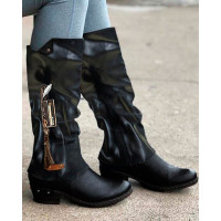 Zipper Design Chunky Cowboy Boots - black