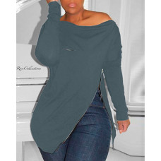 Zipper Design Cold Shoulder Slit Sweatshirt - gray