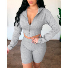 Zipper Design Corset Hoodie & High Waist Shorts Set - gray