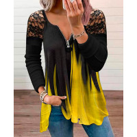 Zipper Design Crochet Lace Patch Colorblock Top - yellow