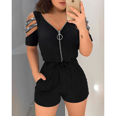 Zipper Design Cutout Cold Shoulder Top & Shorts Set - black