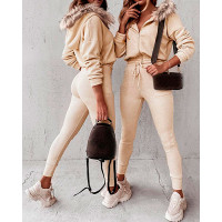 Zipper Design Fluffy Hooded Sweatshirt & Sweatpants Set - Apricot