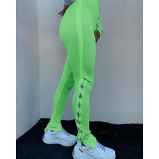 Zipper Design High Waist Slit Leggings - green