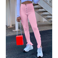 Zipper Design High Waist Slit Leggings - pink