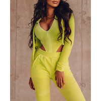 Zipper Design Hooded Bodysuit & High Waist Pants Set - lvs green