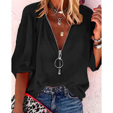 Zipper Design Lantern Sleeve Top - black