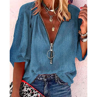 Zipper Design Lantern Sleeve Top - blue