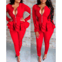 Zipper Design Layered Ruffles Top & Pants Set - red