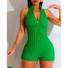 Zipper Design Mock Neck Textured Romper - green