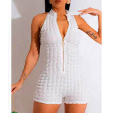 Zipper Design Mock Neck Textured Romper - white