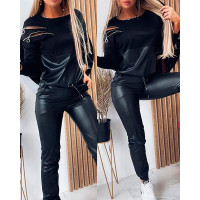 Zipper Design PU Leather Patch Top & Drawstring Pants Set - black