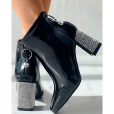 Zipper Design Rhinestone Chunky Heel Martin Boots - black