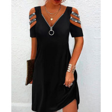 Zipper Design Rhinestone Cold Shoulder Casual Dress - black