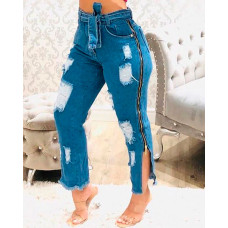 Zipper Design Ripped Fringe Hem Denim Pants - blue