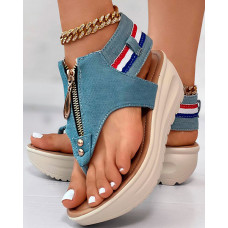 Zipper Design Slingback Denim Wedge Sandals - blue