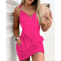 Zipper Design Textured Suspender Dress - rose red