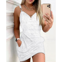 Zipper Design Textured Suspender Dress - white