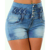 Zipper Fly Buttoned Denim Shorts - blue