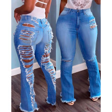 Zipper Fly Cutout Ripped Raw Hem Bootcut Jeans - blue