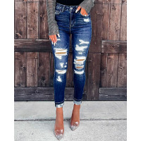 Zipper Fly Cutout Ripped Skinny Jeans - blue