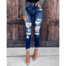 Zipper Fly Cutout Ripped Skinny Jeans - blue