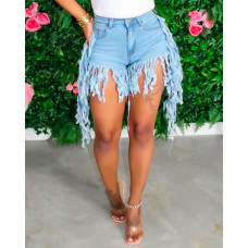 Zipper Fly Fringe Trim Denim Shorts - blue