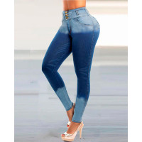 Zipper Fly High Waist Butt Lifting Skinny Jeans - blue