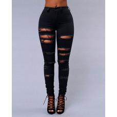 Zipper Fly Ladder Cutout Ripped Skinny Jeans - black