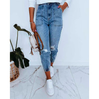 Zipper Fly Pocket Design Ripped Jeans - blue