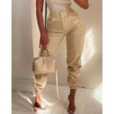 Zipper Fly PU Leather Cuffed Pants - Apricot