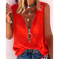 Zipper Front Casual Tank Top - red