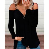 Zipper Front Cold Shoulder Top - black