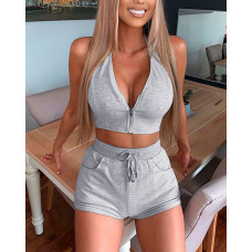 Zipper Front Crop Top & Drawstring Shorts Set - gray