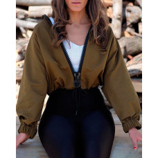 Zipper Front Drawstring Long Sleeve Jacket - Army green