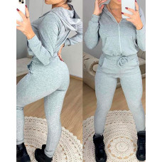 Zipper Front Hooded Top & Drawstring Pants Set - gray