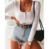 Zipper Front Long Sleeve Knit Top - white