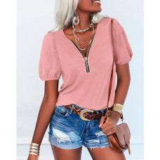 Zipper Front Puff Sleeve Casual T-shirt - pink