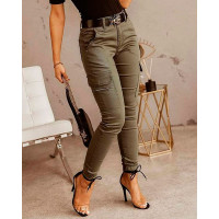 Zipper Pocket Design Casual Pants Without Belt - Army green