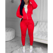 Zipper Pocket Design Letter Print Hoodie & Drawstring Pants Set - red