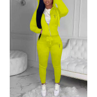 Zipper Pocket Design Letter Print Hoodie & Drawstring Pants Set - yellow