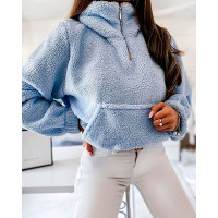 Zipper Pocket Design Long Sleeve Fluffy Sweatshirt - blue