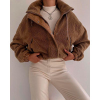 Zipper Up Drawstring Button Design Teddy Coat - brown